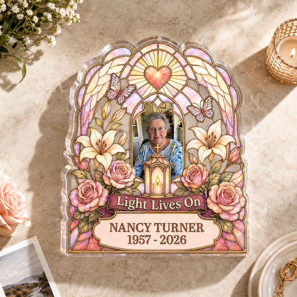 "Light Lives On" Personalized Photo Memorial Acrylic Plaque - Custom Bereavement Keepsake for Family