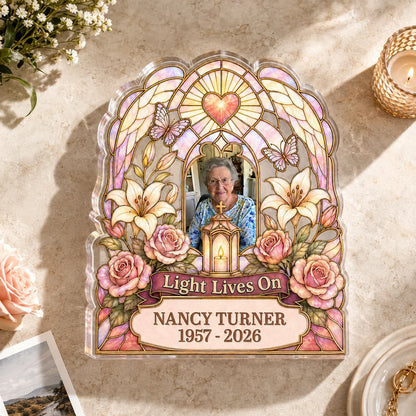 "Light Lives On" Personalized Photo Memorial Acrylic Plaque - Custom Bereavement Keepsake for Family