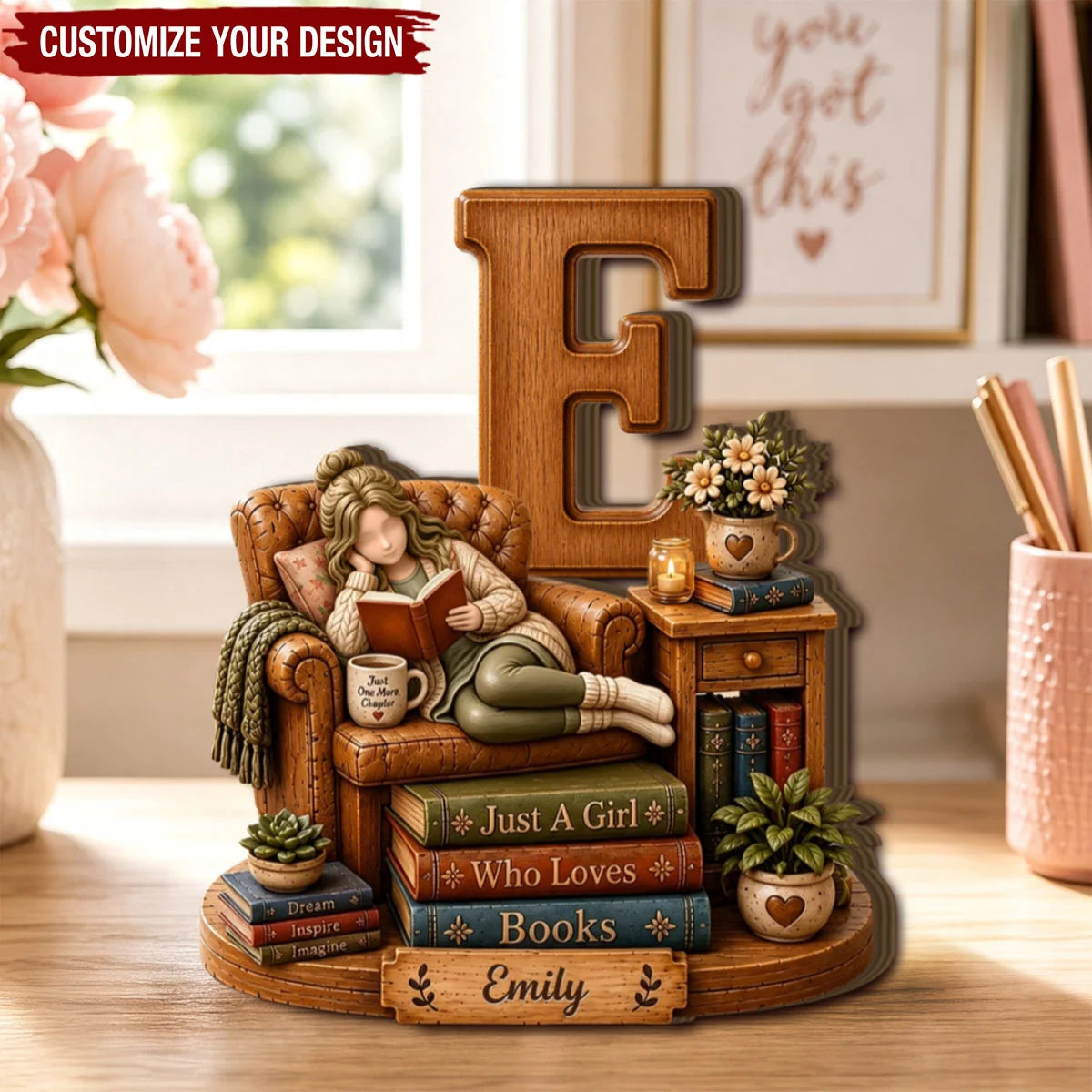 "Just A Girl Who Loves Books" Personalized Wooden Block - Custom Name & Monogram Gift for Book Lovers