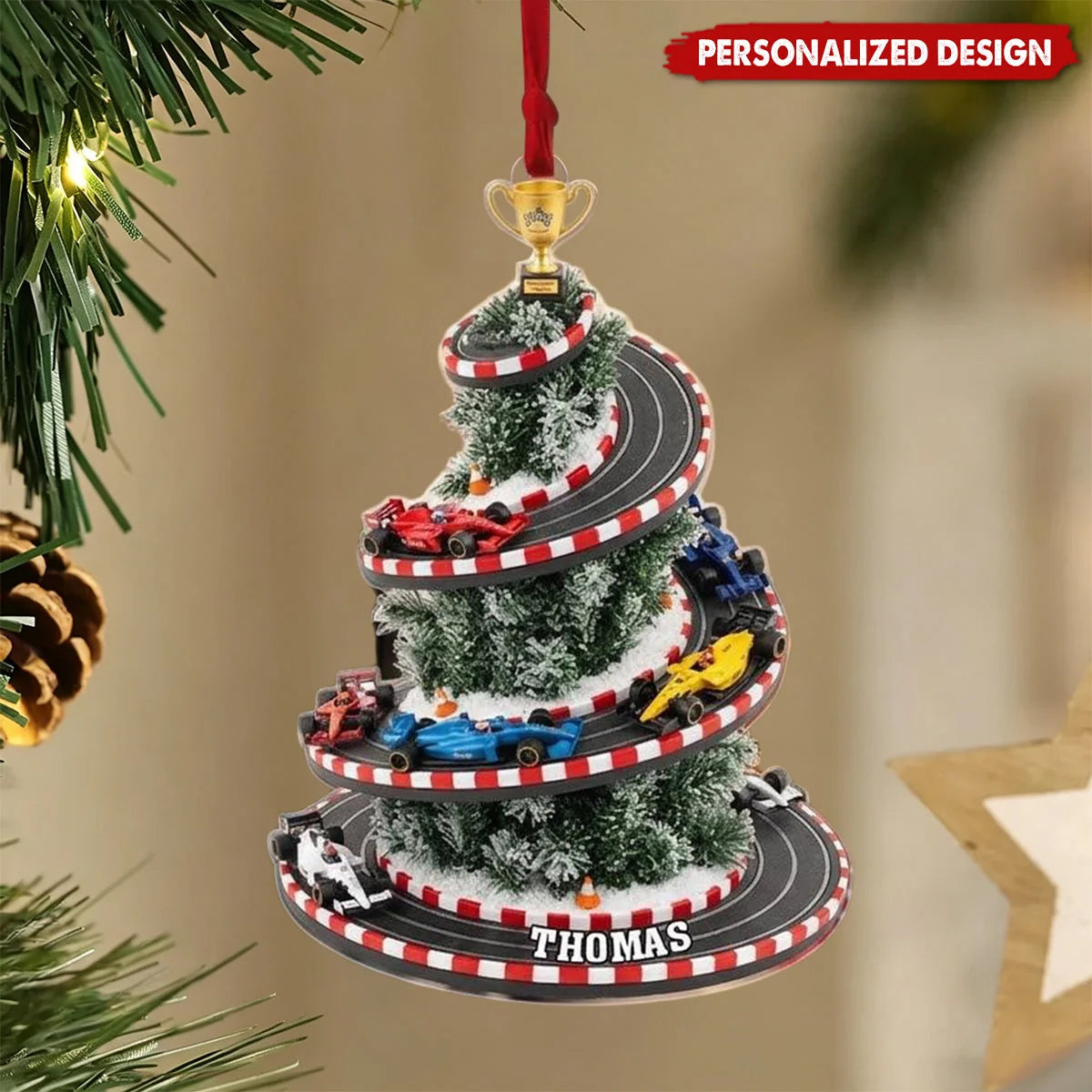 Personalized Racing Christmas Tree Acrylic Ornament - Custom Name Race Track Holiday Keepsake for Dad, Son & Racing Fans