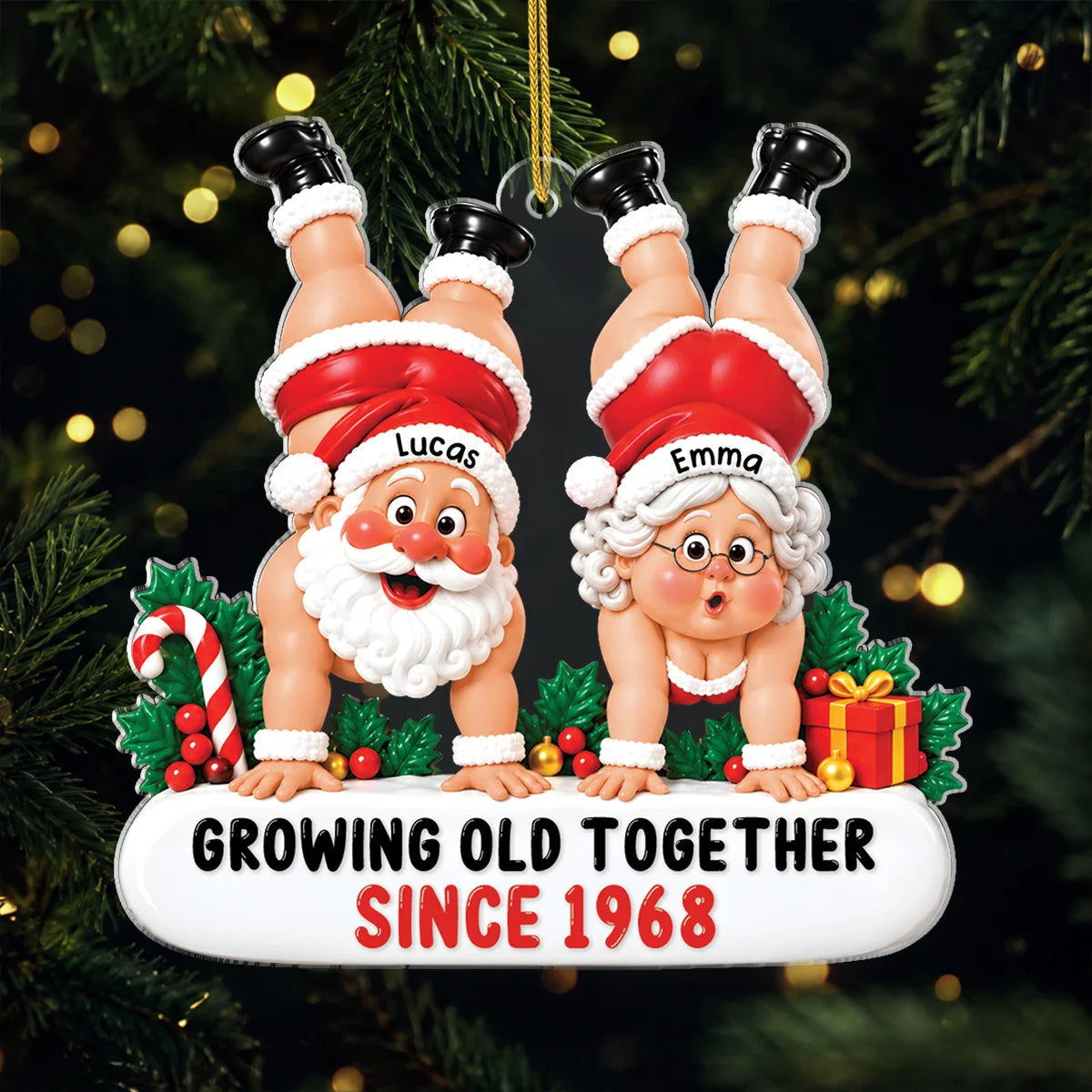 "Growing Old Together" Handstand Santa Personalized Acrylic Ornament - Christmas Gift for Couples