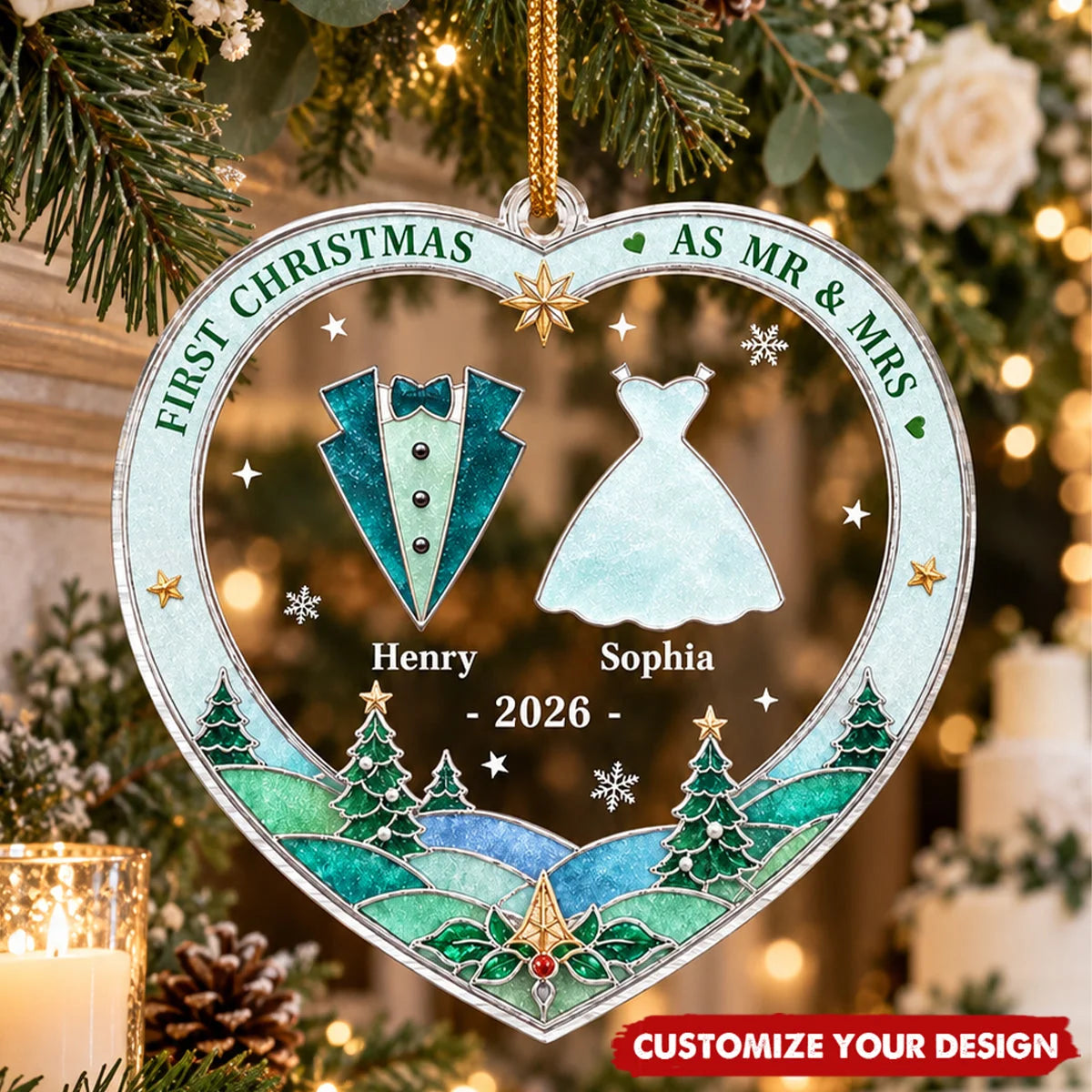 "First Christmas As Mr & Mrs" Personalized Acrylic Ornament - Wedding Gift for Couples