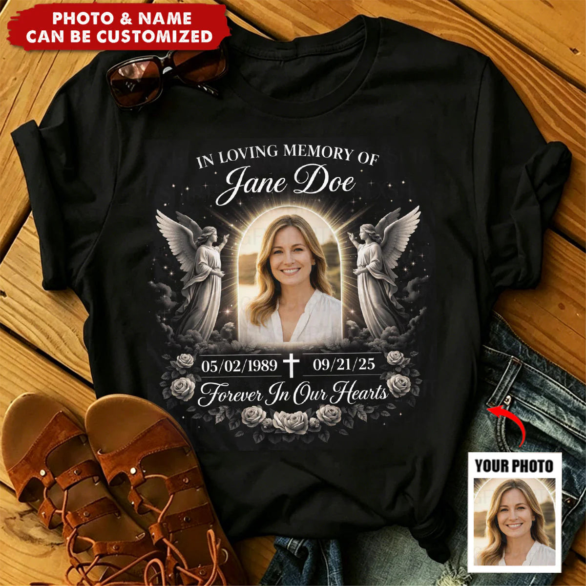 Custom memorial photo shirt with angel wings and cross in loving memory remembrance gift image 6