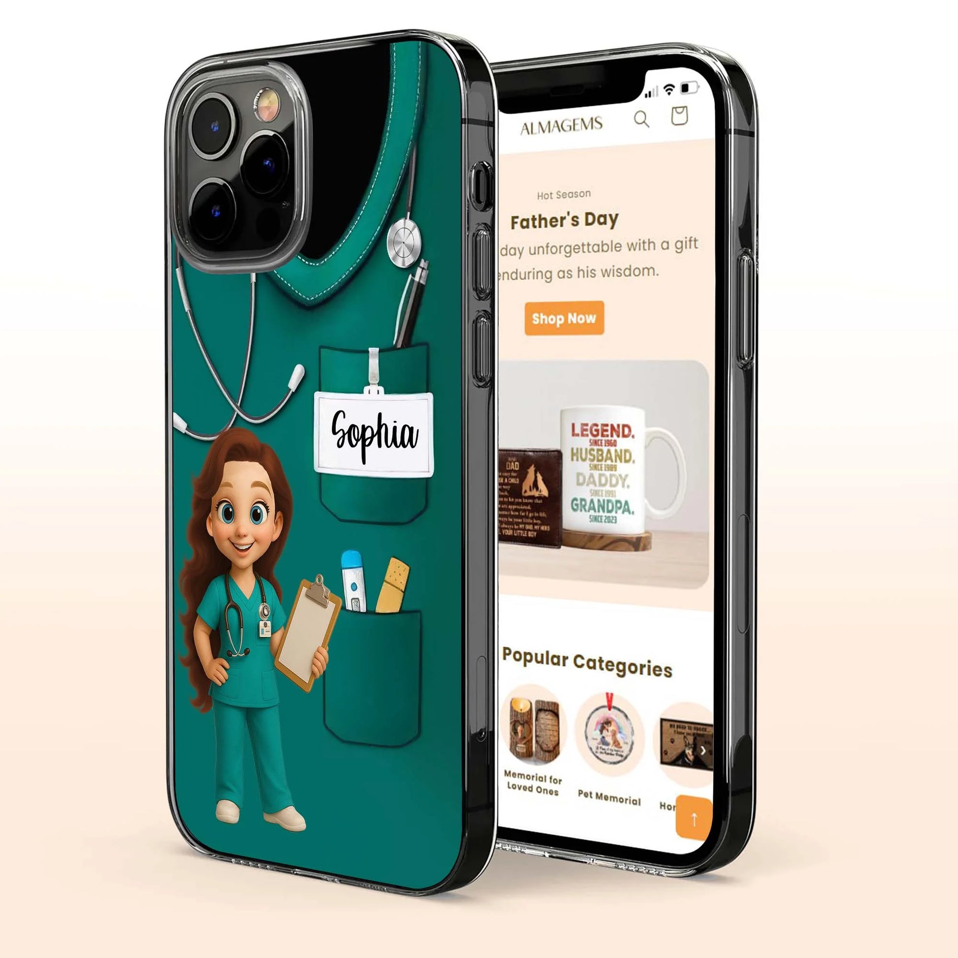 Personalized nurse phone case with custom medical uniform, stethoscope design, and custom name printed on clear background image 6