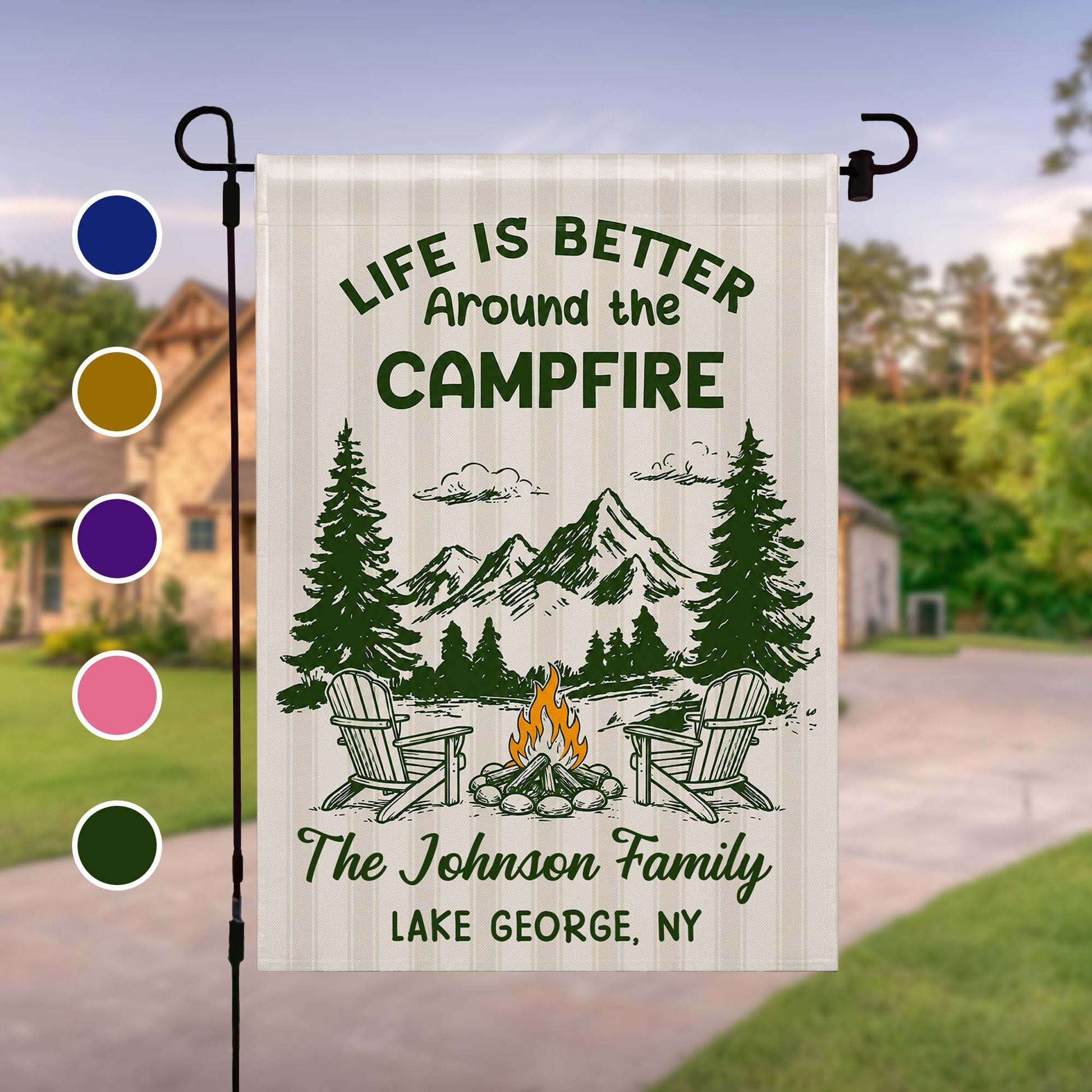 Personalized camping garden flag with Life Is Better Around The Campfire art and custom family name for outdoor decor