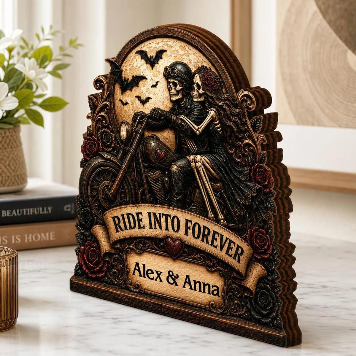 Ride Into Forever Skeleton Biker Couple - Personalized Wooden Block Gift for Husband Wife