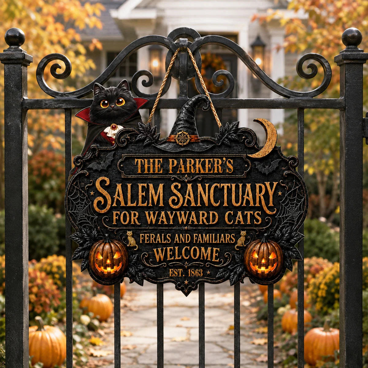 Salem Sanctuary For Wayward Cats Personalized Wood Sign - Custom Halloween Cat Lover Gift Decor