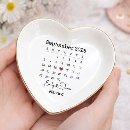 Personalized wedding calendar heart jewelry dish with custom names Emily & James and marked date image 8