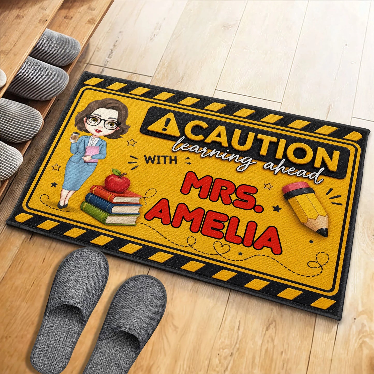 Personalized teacher doormat featuring Caution Learning Ahead text with customized teacher name for classroom decor image 8