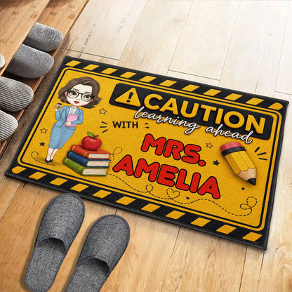 Personalized teacher doormat featuring Caution Learning Ahead text with customized teacher name for classroom decor image 8