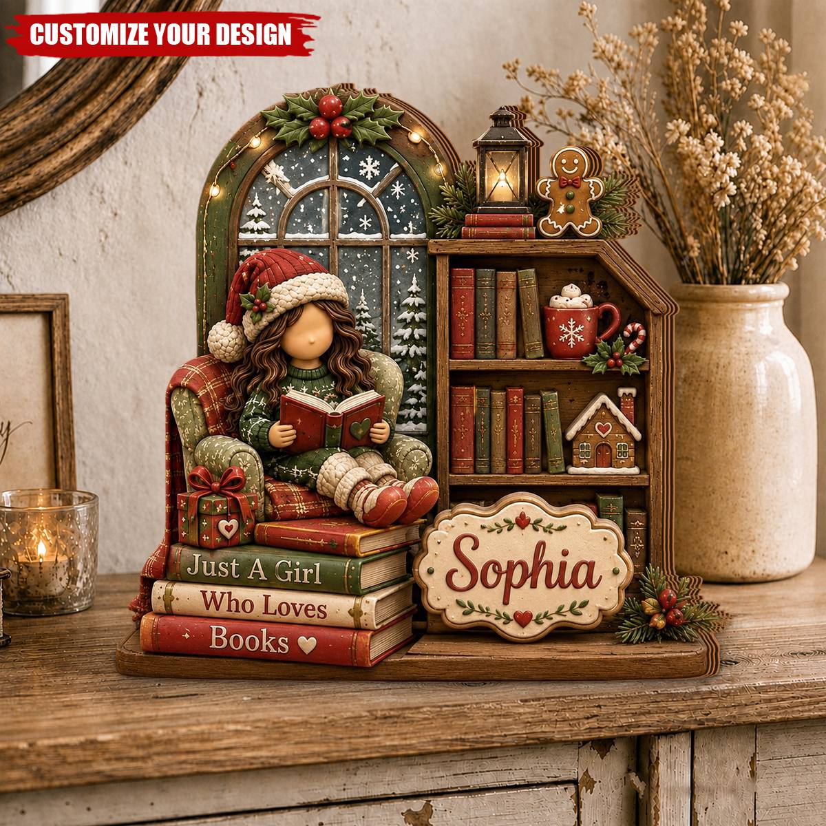 "Just A Girl Who Loves Books" Personalized Wooden Block - Custom Cozy Reading Nook Decor for Book Lovers