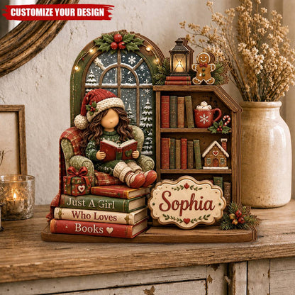 "Just A Girl Who Loves Books" Personalized Wooden Block - Custom Cozy Reading Nook Decor for Book Lovers