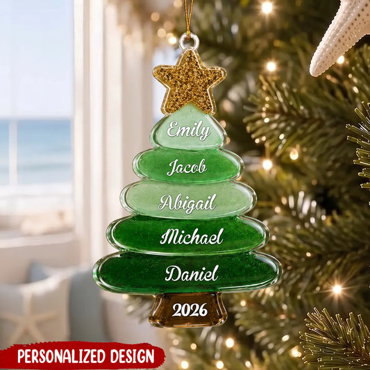 Custom Family Tree Acrylic Ornament - Personalized Sea Glass Christmas Keepsake