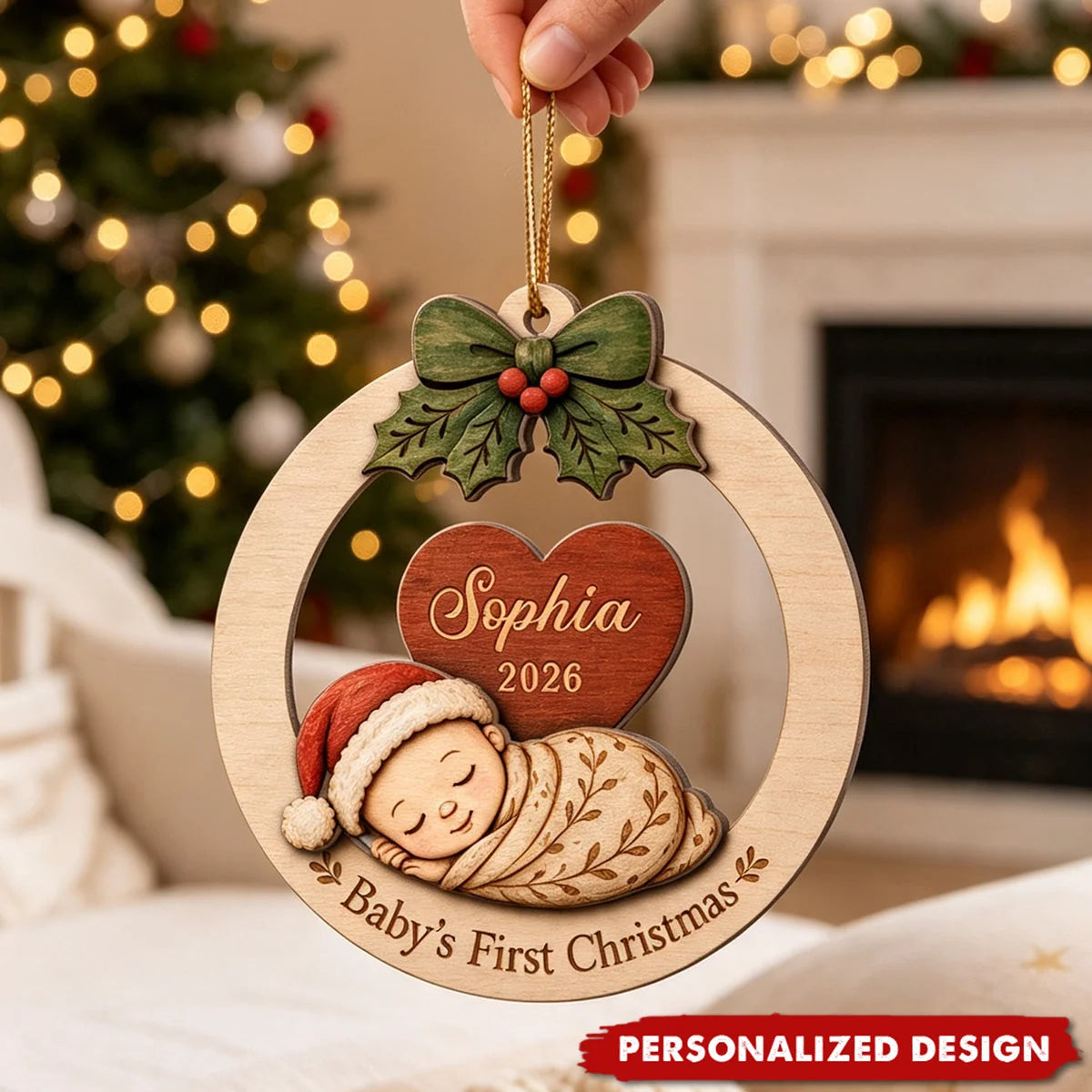 "Baby's First Christmas" Sleeping Baby Personalized Wooden Ornament - Custom Gift for New Parents