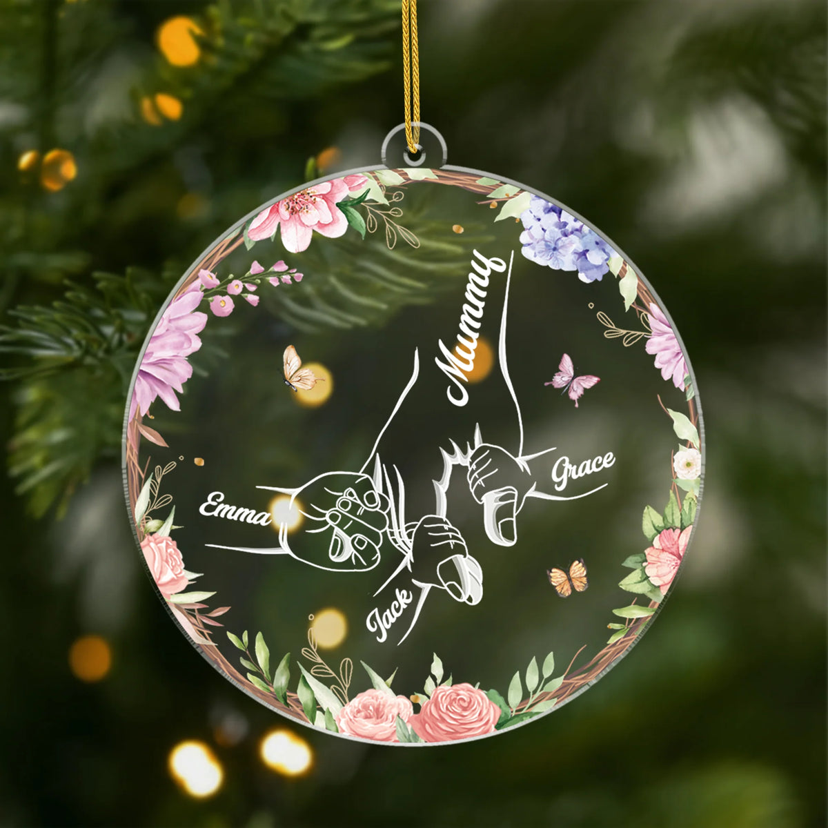 Floral Holding Hands Personalized Acrylic Ornament - Custom Christmas Keepsake Gift for Mom & Grandma