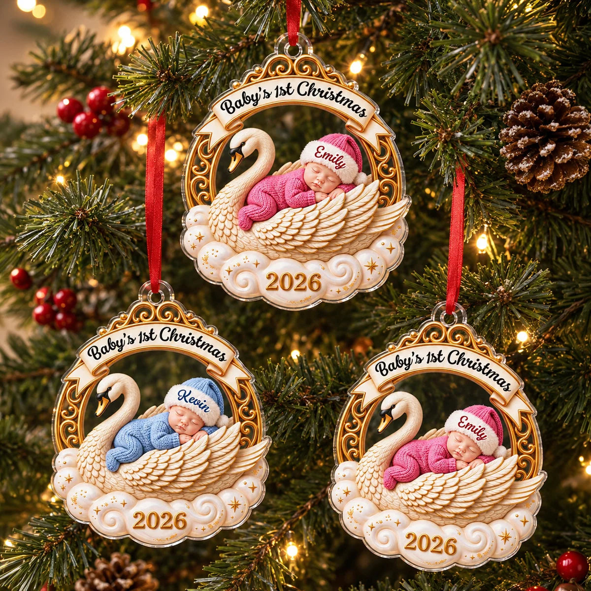 Baby's 1st Christmas Sleeping Swan Custom Acrylic Ornament - Personalized First Christmas Keepsake Gift for New Parents