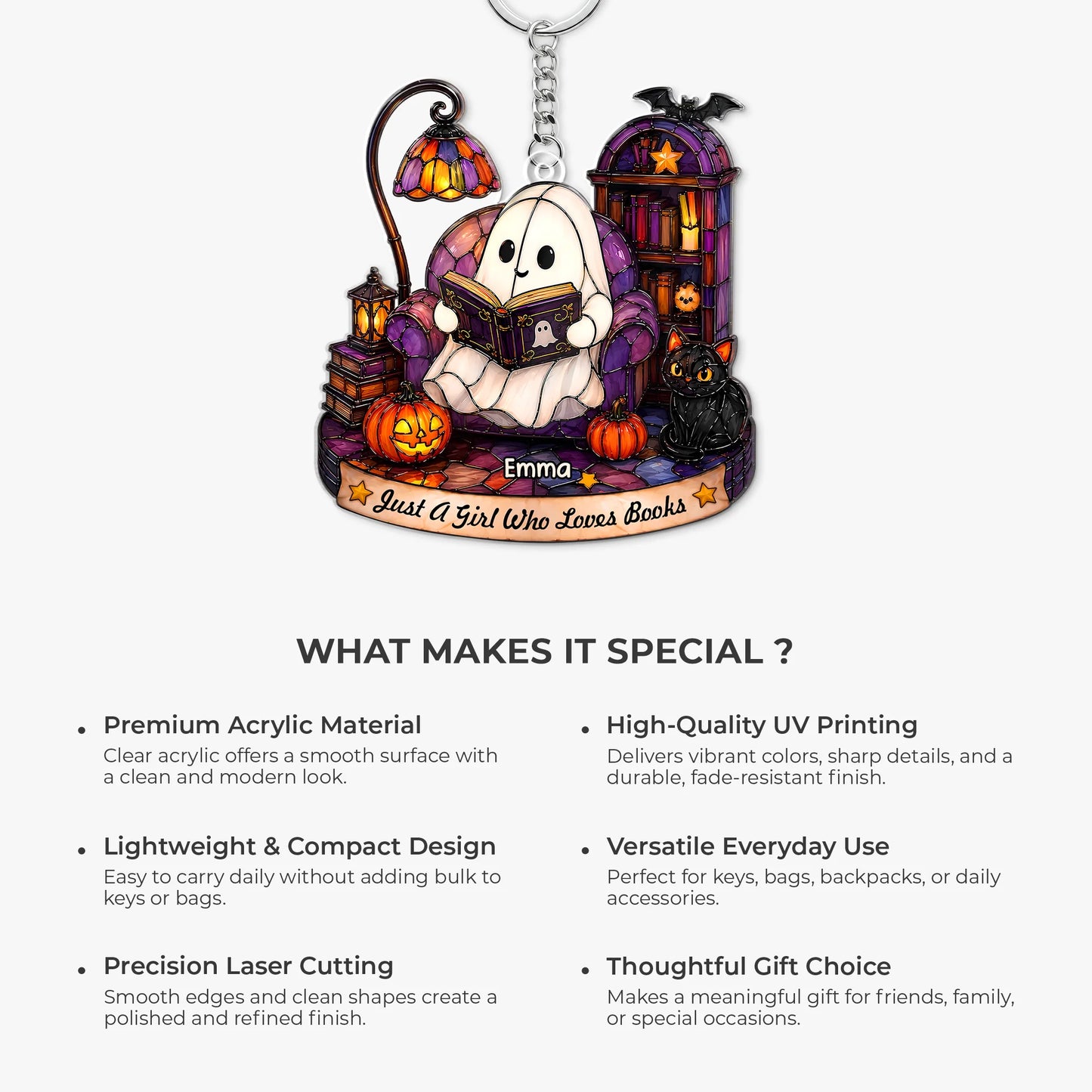 Just A Girl Who Loves Books Personalized Halloween Ghost Acrylic Keychain - Custom Book Lover Gift