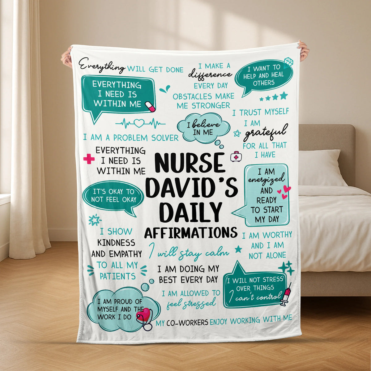 Daily Affirmations Personalized Nurse Blanket - Custom Name Fleece Throw for RNs