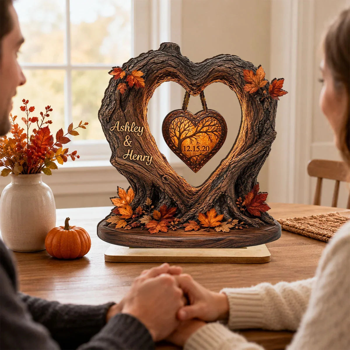 Custom Couple Heart Tree Wooden Plaque - Personalized Fall Season Anniversary Gift