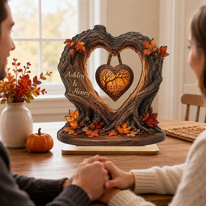 Custom Couple Heart Tree Wooden Plaque - Personalized Fall Season Anniversary Gift