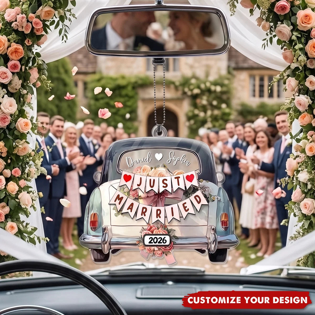 "Just Married" Personalized Wedding Car Ornament - Custom Acrylic Keepsake for Couples