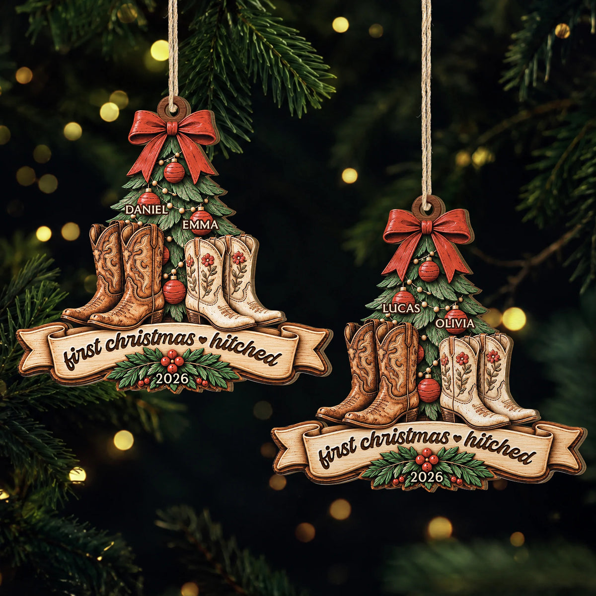 First Christmas Hitched Custom Wooden Ornament - Personalized Couple Cowboy Boots Keepsake