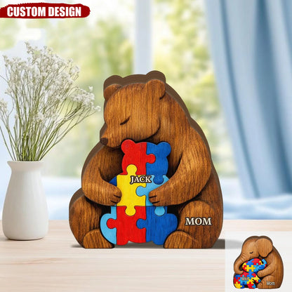 Personalized Autism Mom Elephant Bear Wooden Block - Custom Keepsake Gift