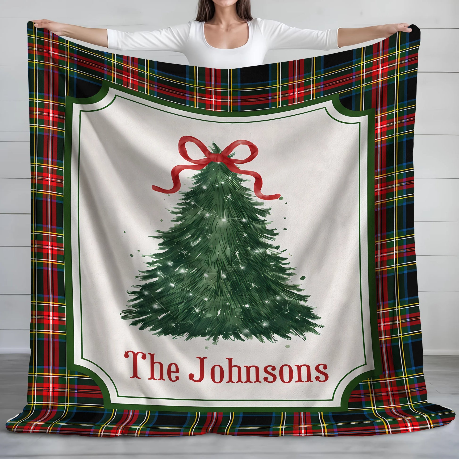 Festive Plaid Tree Personalized Christmas Family Blanket - Custom Cozy Holiday Living Room Decor