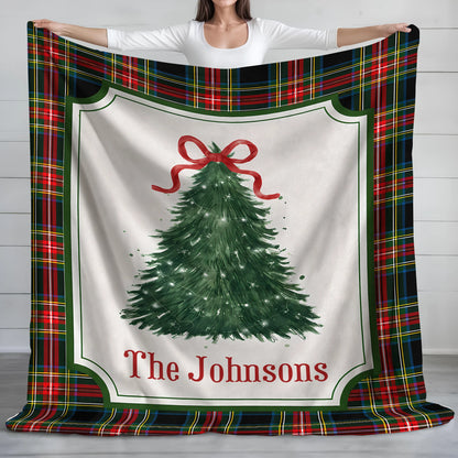 Festive Plaid Tree Personalized Christmas Family Blanket - Custom Cozy Holiday Living Room Decor