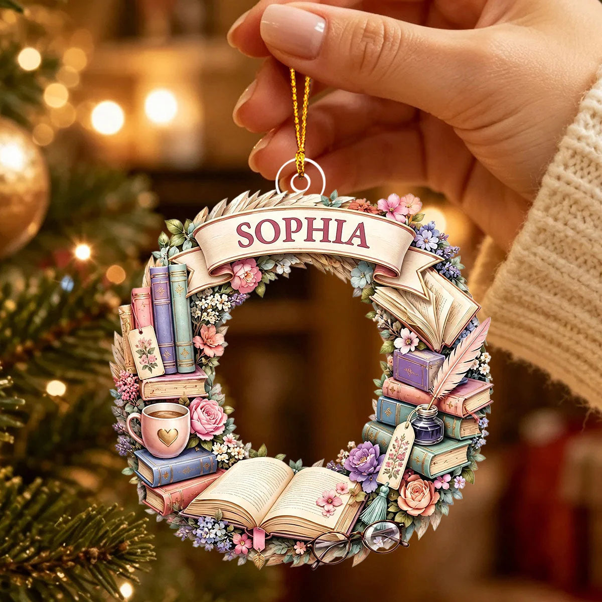 Custom Book Wreath Acrylic Ornament - Personalized Name Keepsake for Book Lovers
