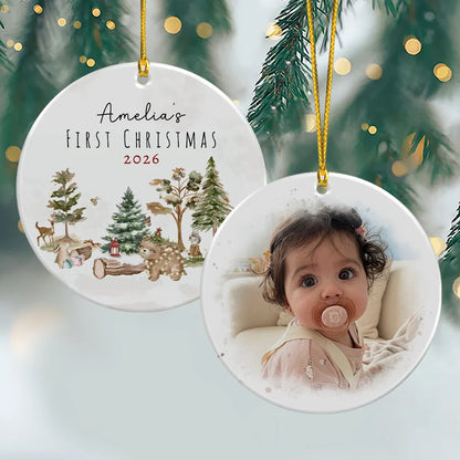 "Baby's First Christmas" Custom Photo Ceramic Ornament - Personalized Holiday Woodland Keepsake for New Parents