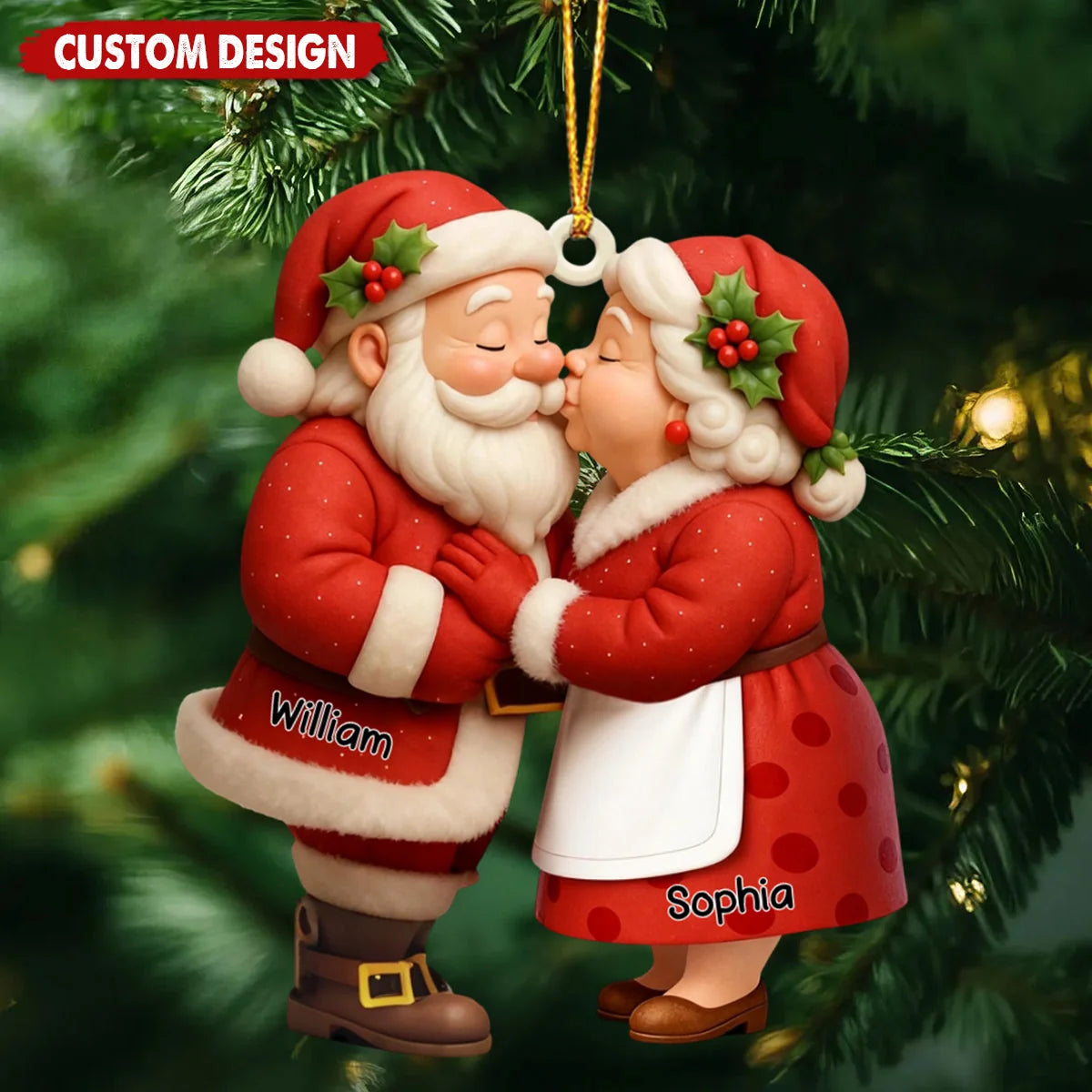Kissing Santa Couple Personalized Wooden Ornament - Custom Christmas Keepsake Gift