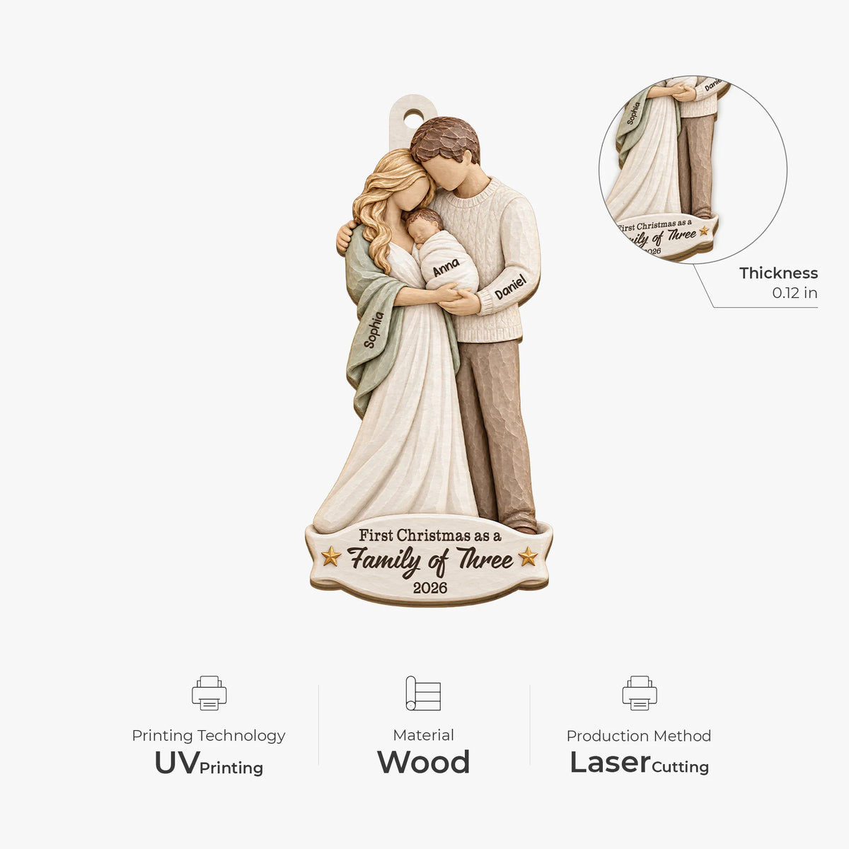 First Christmas as a Family of Three - Personalized Wooden Ornament for New Parents Gift