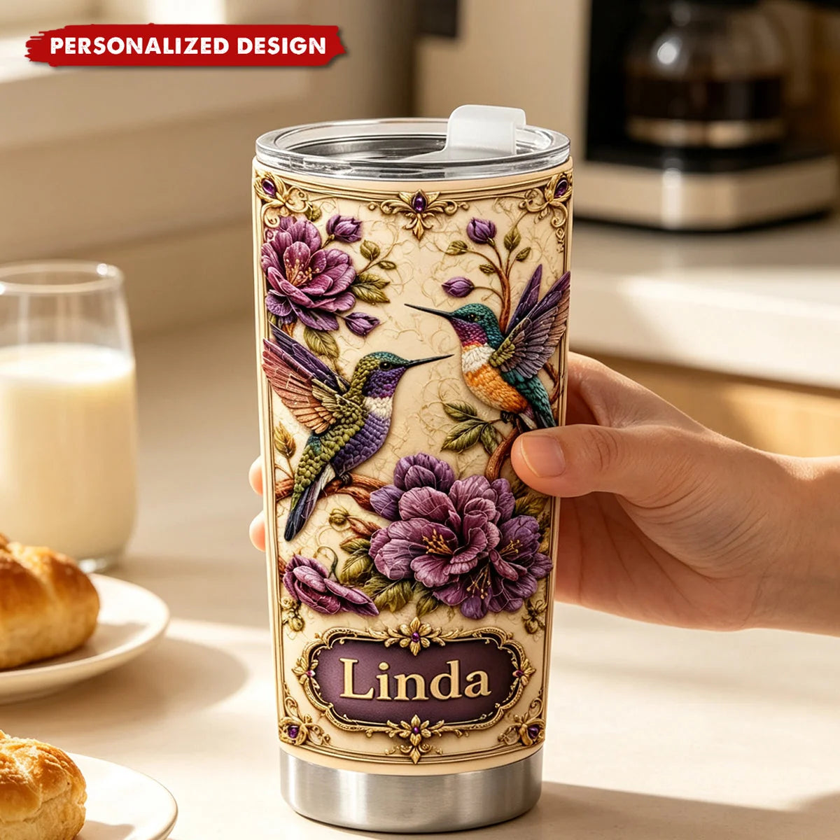 Floral Garden Hummingbirds Personalized Tumbler - Custom Travel Cup for Mom