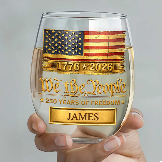 Custom Patriotic Stemless Wine Glass for Military / Veteran with personalized design details for meaningful gifting