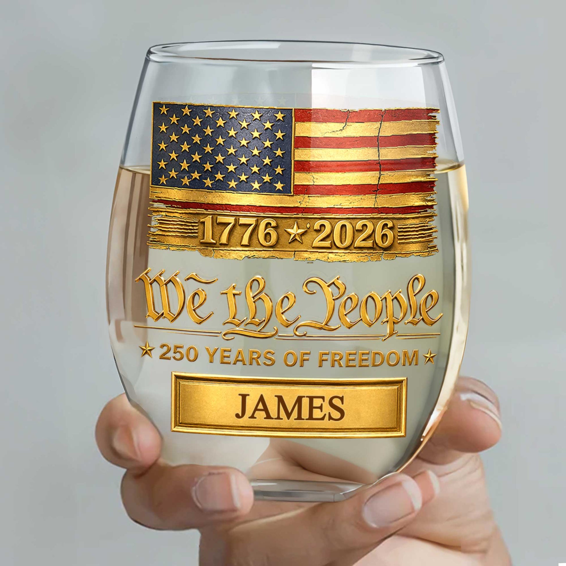 Custom Patriotic Stemless Wine Glass for Military / Veteran with personalized design details for meaningful gifting