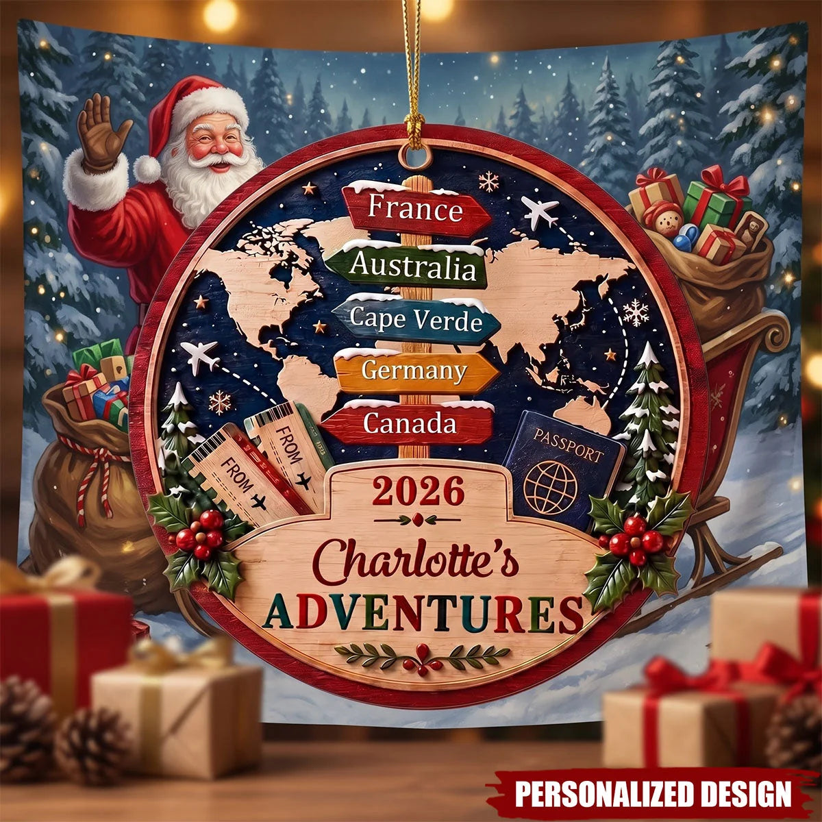Custom Adventures Christmas Ornament - Personalized World Traveler Wooden Vacation Keepsake