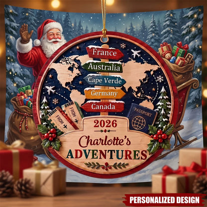 Custom Adventures Christmas Ornament - Personalized World Traveler Wooden Vacation Keepsake