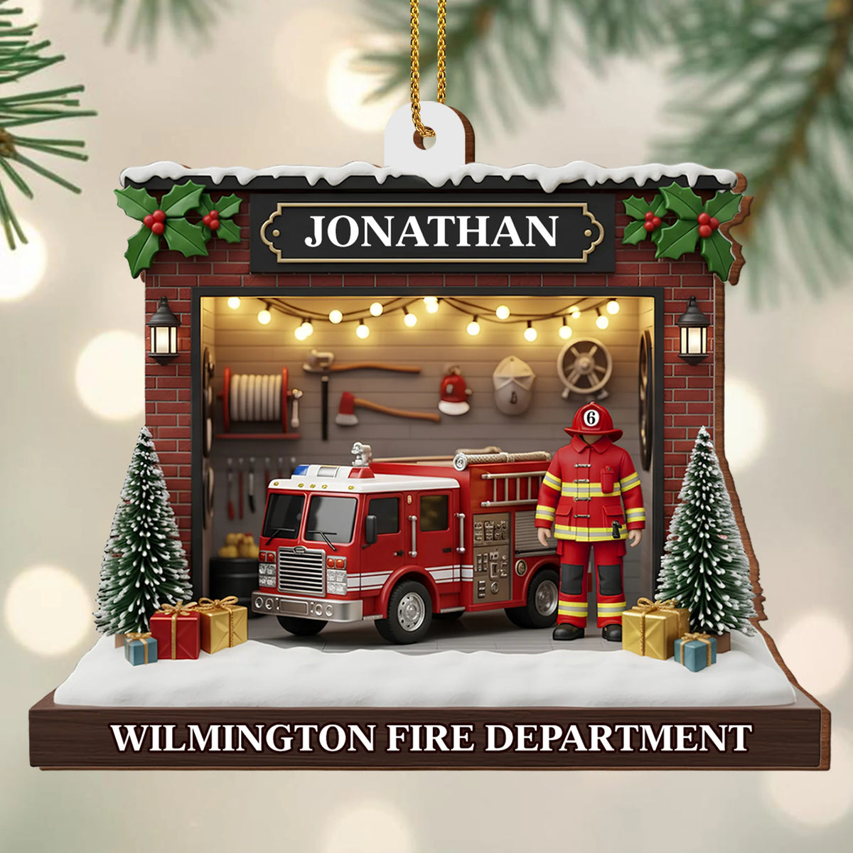 Celebrate The Heroic Spirit, Fire Truck And Firefighter Ornament