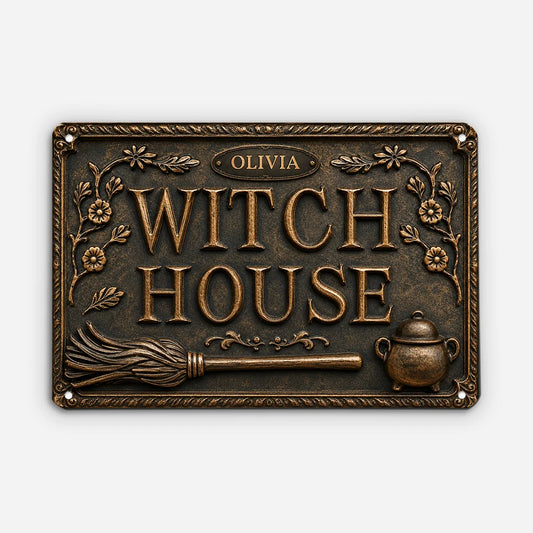 Personalized Witch House Metal Sign - Custom Name Vintage Halloween Wall Decor