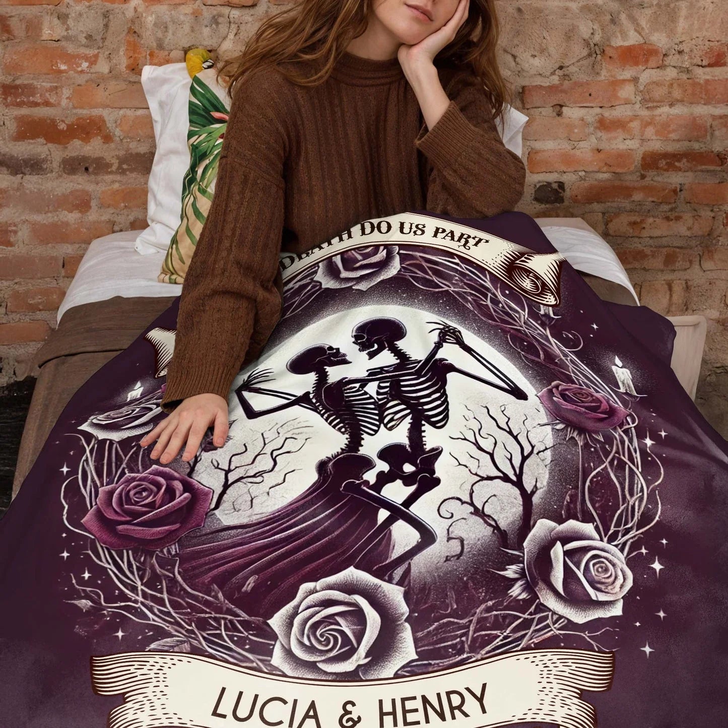 "Til Death Do Us Part" Personalized Gothic Couples Blanket - Custom Skeleton Couple Anniversary Gift for Husband & Wife