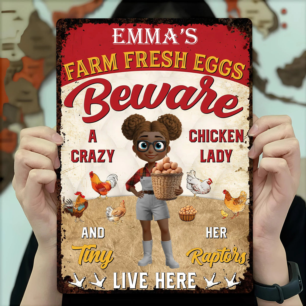 "Beware A Crazy Chicken Lady And Her Tiny Raptors Live Here" - Personalized Metal Sign Funny Farm Gift