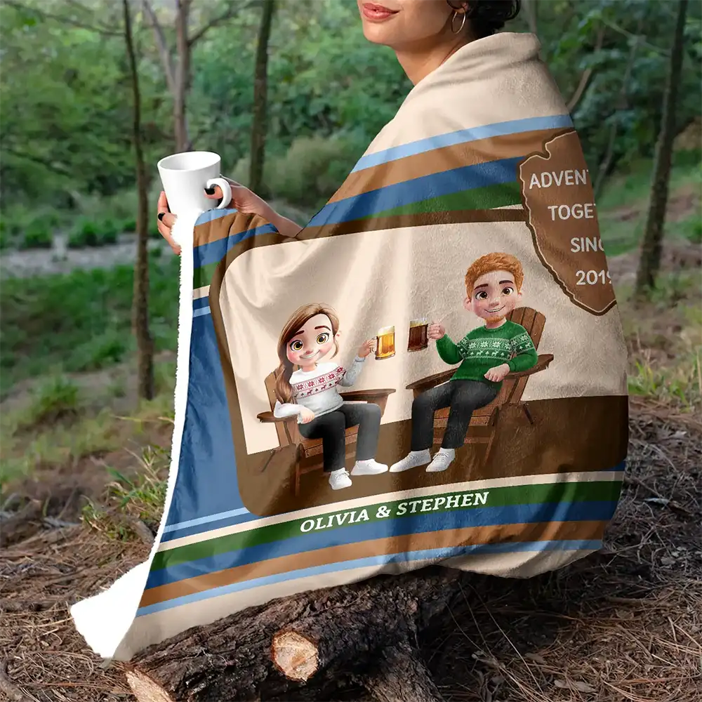 Gift For Couples,Travel,Happy - 3D Effect Travel Couple Adventure Together Since - Personalized Fleece Blanket, Sherpa Blanket