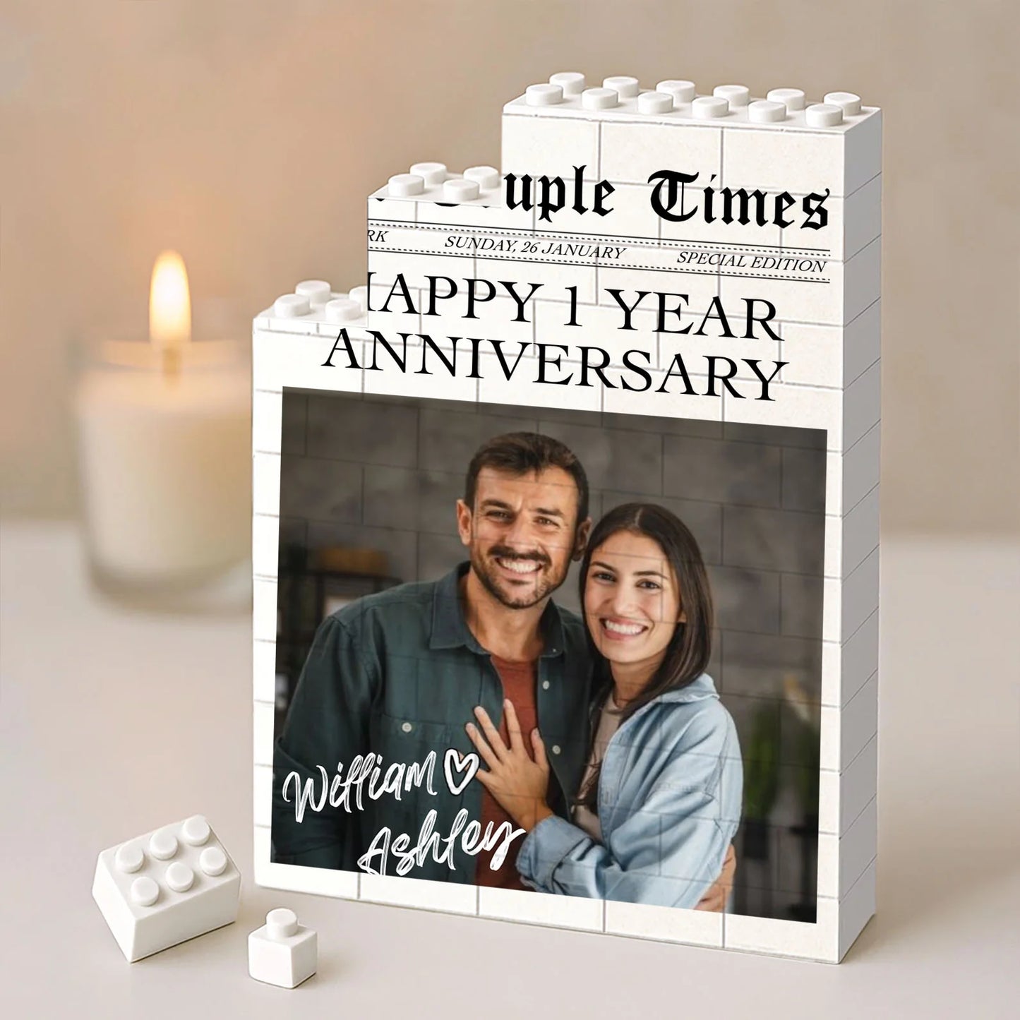 "The Couple Times" Custom Newspaper Photo Building Brick - Personalized Couple Anniversary Keepsake Gift
