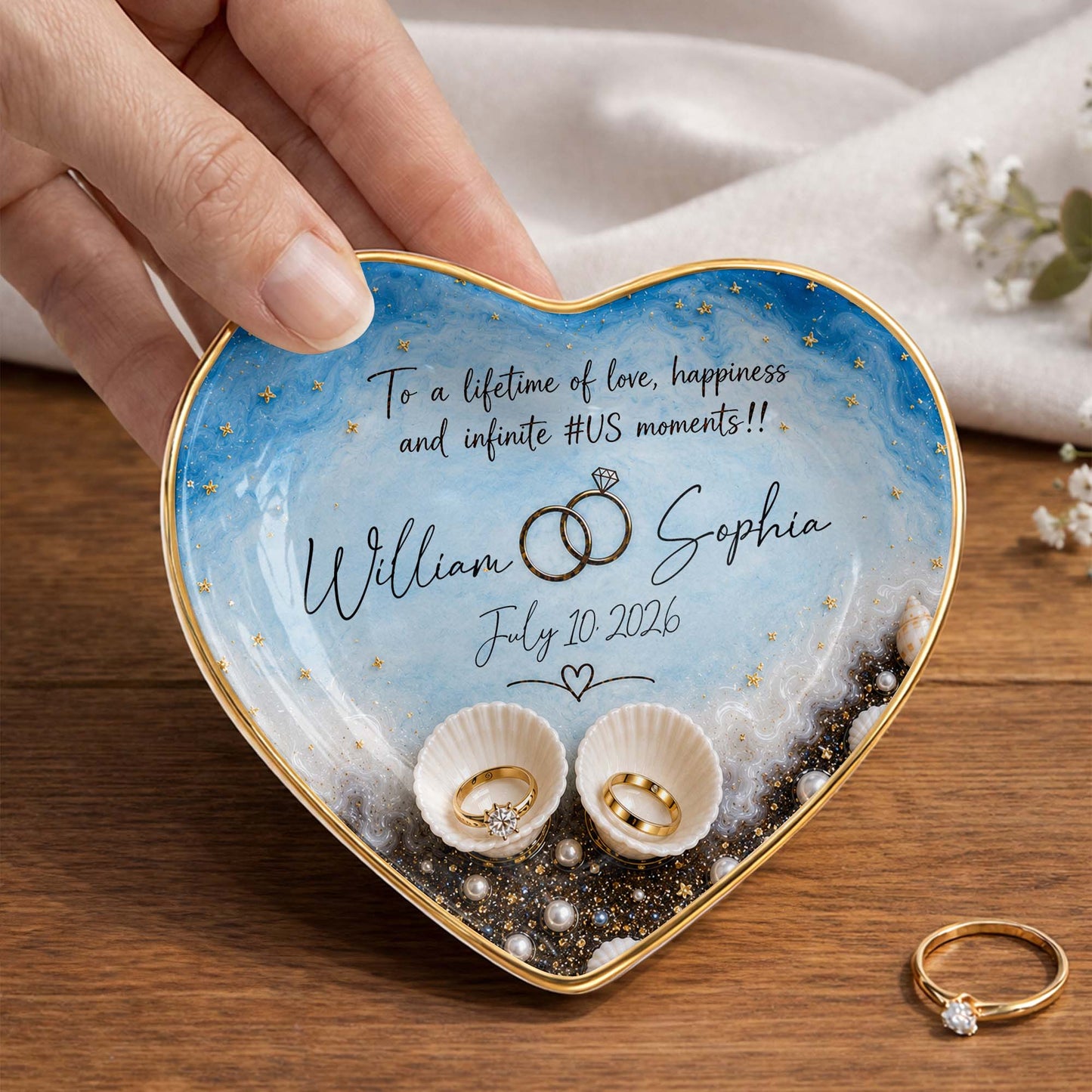 Personalized couples jewelry dish with heart ocean design and custom ring holder gift image 6