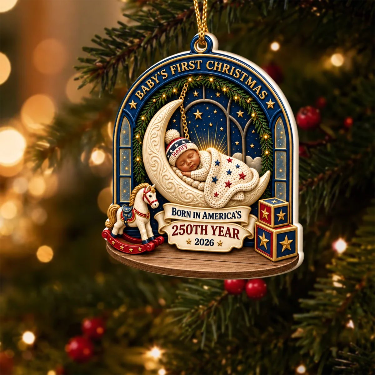 Baby's First Christmas 2026 Personalized Wood Ornament - Born in America's 250th Year Keepsake