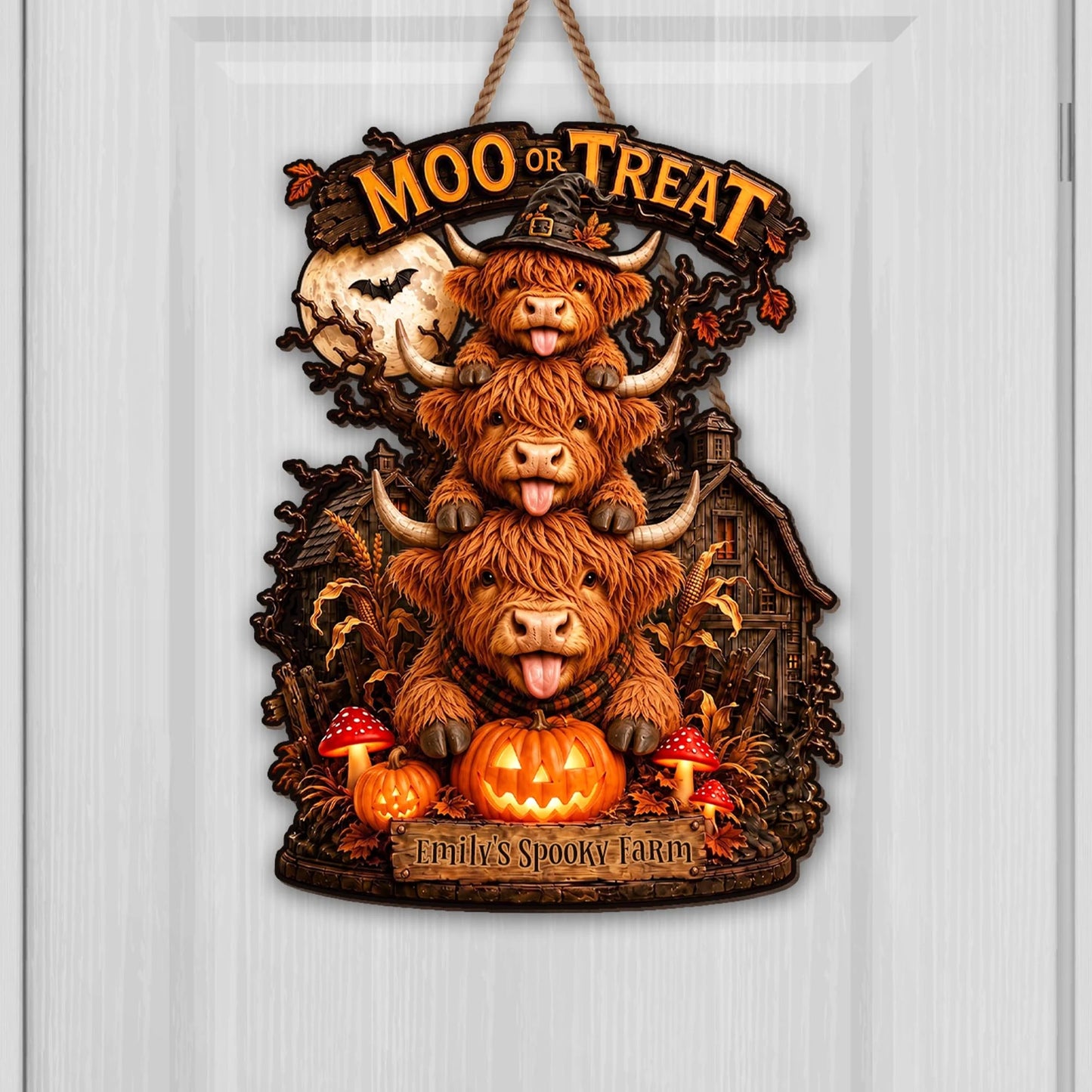 Moo Or Treat Personalized Highland Cow Wood Sign - Custom Halloween Farm Decor