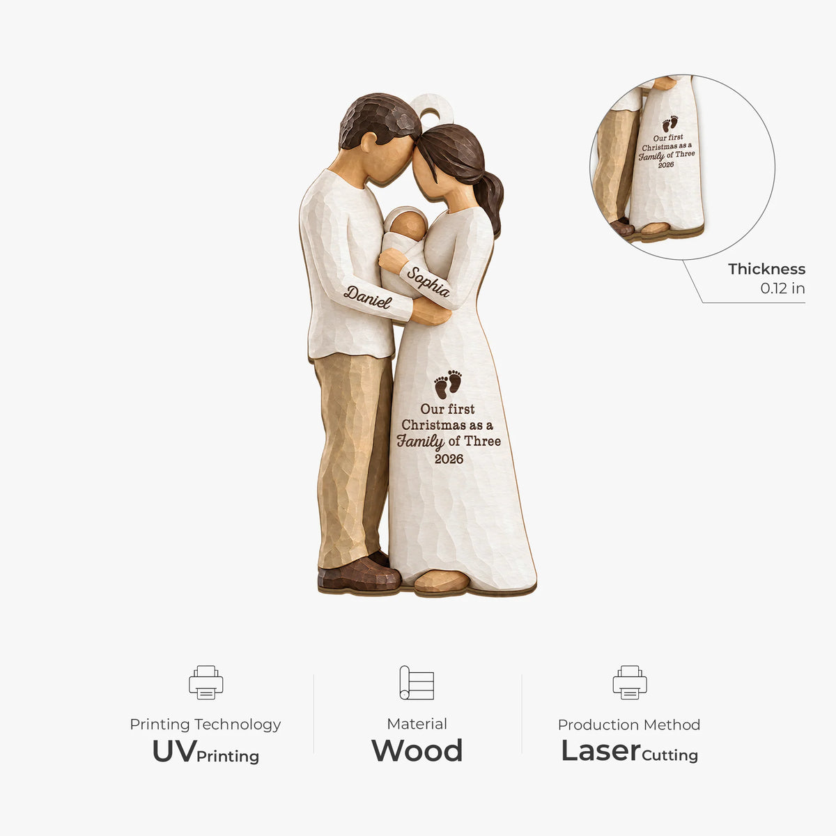Our First Christmas as a Family of Three - Personalized Wooden Ornament for New Parents
