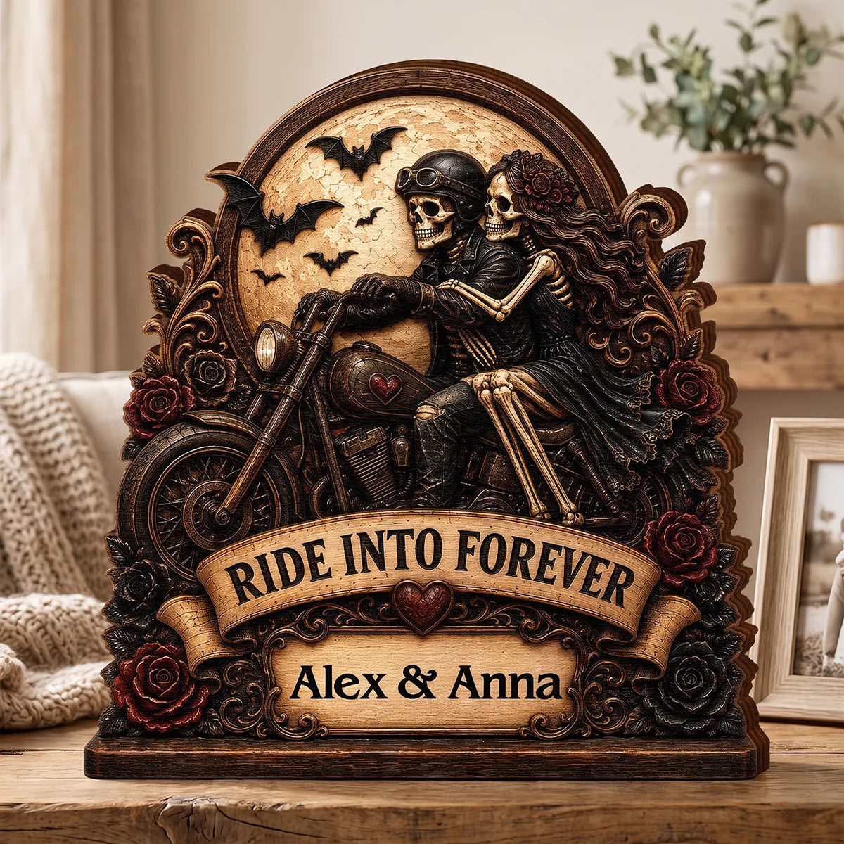 Ride Into Forever Skeleton Biker Couple - Personalized Wooden Block Gift for Husband Wife