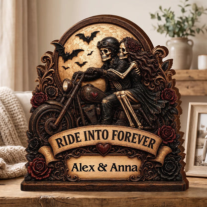 Ride Into Forever Skeleton Biker Couple - Personalized Wooden Block Gift for Husband Wife